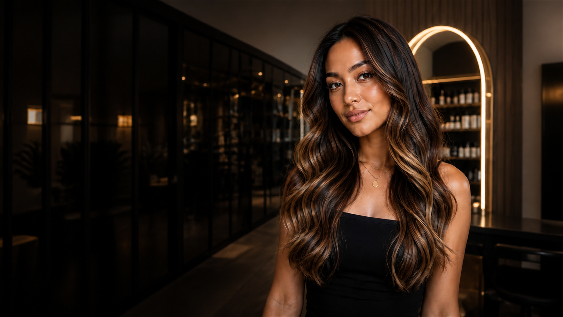 Client with glossy balayage waves in the Glam Garage salon